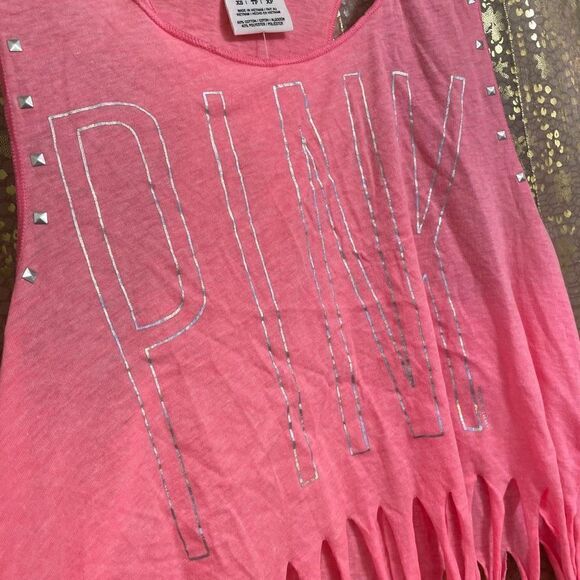 Vintage PINK Victorias Secret hot pink silver studded fringed tanktop XS NWT - Picture 3 of 6